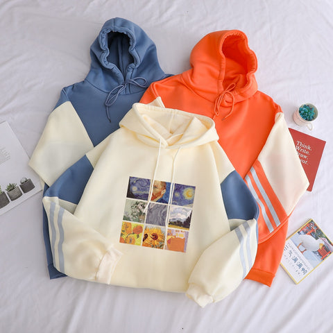 Image of Autumn Winter Fleece Van Gogh Oil Painting Pullover Thick Loose Women Hoodies Hot Harajuku Contrast Color Sweatshirt Female