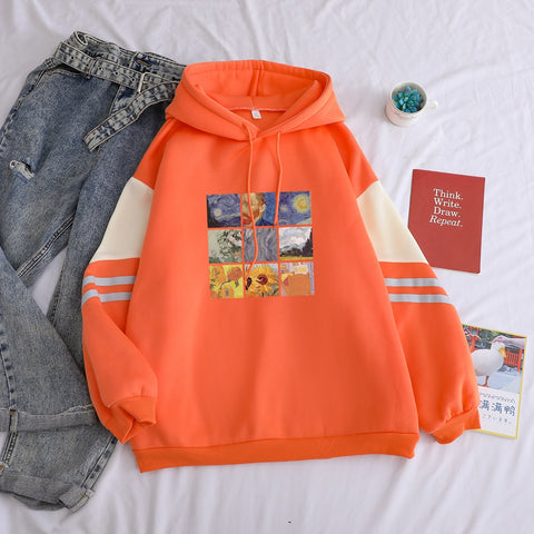 Image of Autumn Winter Fleece Van Gogh Oil Painting Pullover Thick Loose Women Hoodies Hot Harajuku Contrast Color Sweatshirt Female