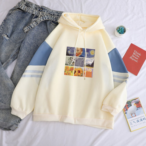 Image of Autumn Winter Fleece Van Gogh Oil Painting Pullover Thick Loose Women Hoodies Hot Harajuku Contrast Color Sweatshirt Female