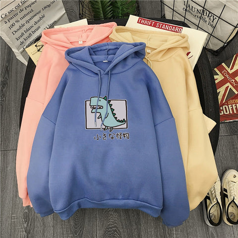 Image of Harajuku Cartoon Dinosaur Print Hoodies Women Casual Long Sleeve Loose Hooded Sweatshirt Autumn Winter Fleece Hoody Pullover Top