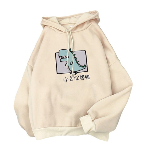 Image of Harajuku Cartoon Dinosaur Print Hoodies Women Casual Long Sleeve Loose Hooded Sweatshirt Autumn Winter Fleece Hoody Pullover Top