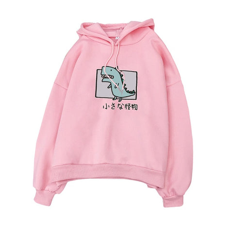 Image of Harajuku Cartoon Dinosaur Print Hoodies Women Casual Long Sleeve Loose Hooded Sweatshirt Autumn Winter Fleece Hoody Pullover Top