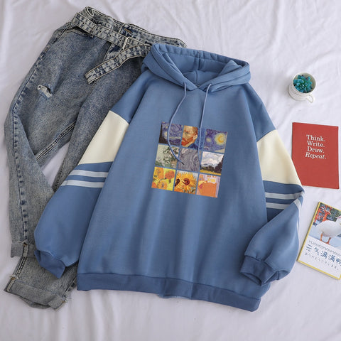 Image of Autumn Winter Fleece Van Gogh Oil Painting Pullover Thick Loose Women Hoodies Hot Harajuku Contrast Color Sweatshirt Female